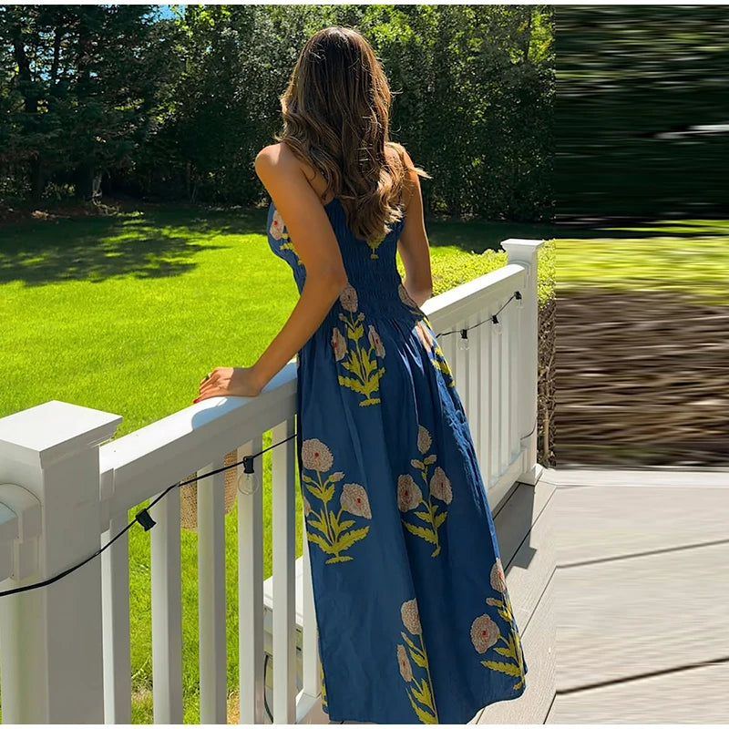 Women Dress Floral Print Spaghetti Strap Elastic Waist Midi Dresses Square Neck Front Tie Flowy A-Line Dress Elegant Beach Wear