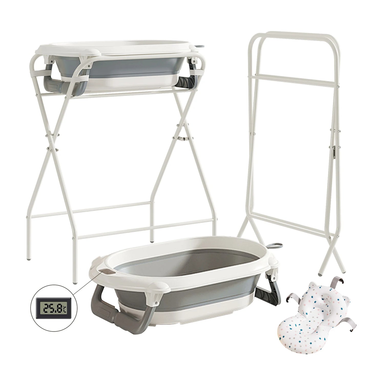 Foldable Baby Bath Tub with Stand, Portable Infant Bathtub with Built-in Thermometer, Soft Ergonomic Cushion & Bath Pillow, Sturdy Durable Toddler Bath Tub, Space Saving Easy to Store for Newborn Baby Home Use