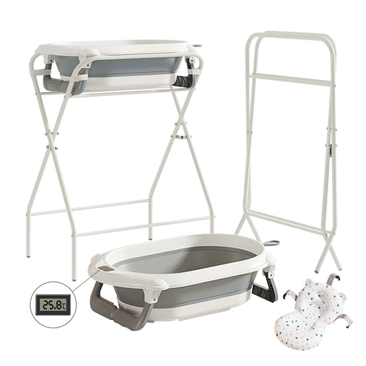 Foldable Baby Bath Tub with Stand, Portable Infant Bathtub with Built-in Thermometer, Soft Ergonomic Cushion & Bath Pillow, Sturdy Durable Toddler Bath Tub, Space Saving Easy to Store for Newborn Baby Home Use
