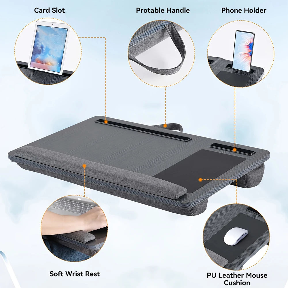 Portable Laptop Desk Multi-purpose Wooden Computer Studying Table With Handle Mouse Pad & Phone Holder For Home Office Travel