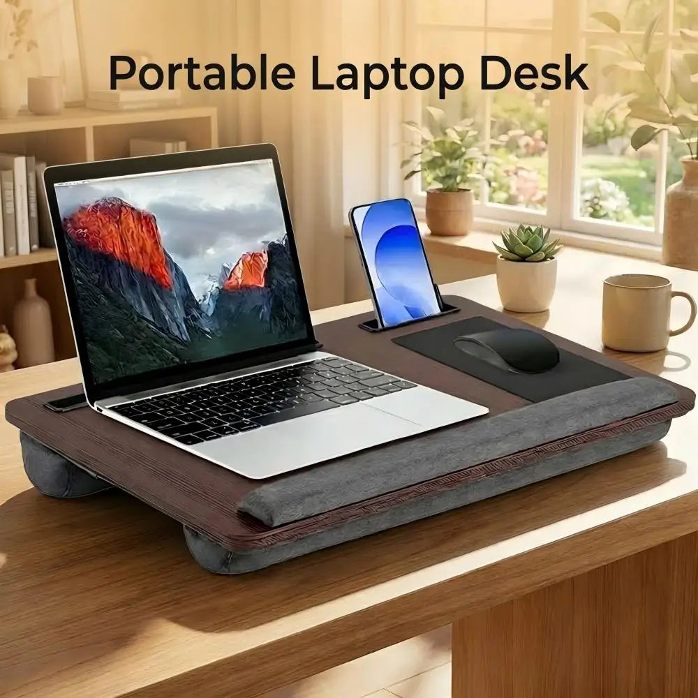 Portable Laptop Desk Multi-purpose Wooden Computer Studying Table With Handle Mouse Pad & Phone Holder For Home Office Travel