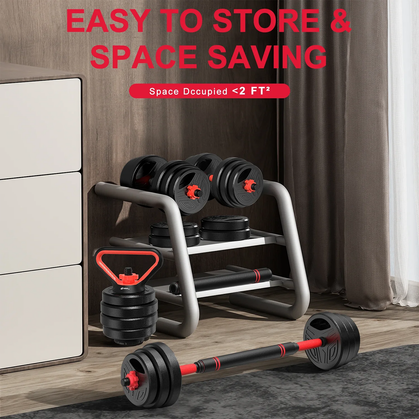 3-in-1 Dumbbells Set 20 kg Adjustable Dumbbells with Extra Barbell Bar Plastic-Coated Weight Plates Fitness Exercise Home Gym