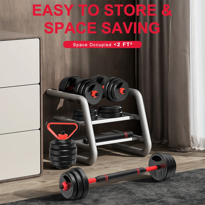 3-in-1 Dumbbells Set 20 kg Adjustable Dumbbells with Extra Barbell Bar Plastic-Coated Weight Plates Fitness Exercise Home Gym