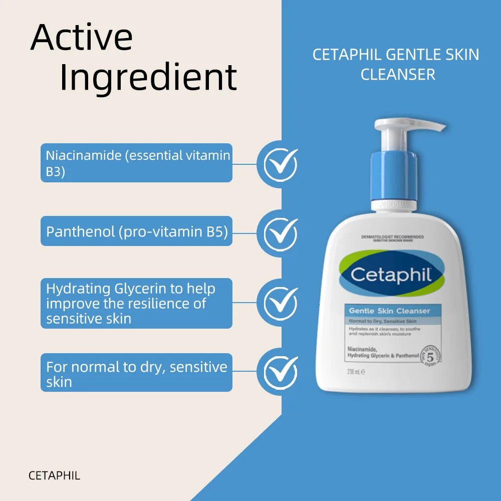 CETAPHIL GENTLE SKIN CLEANSER 473ML,  vitamin B3, B5, hydrating Glycerin, Suitable dry & sensitive skin