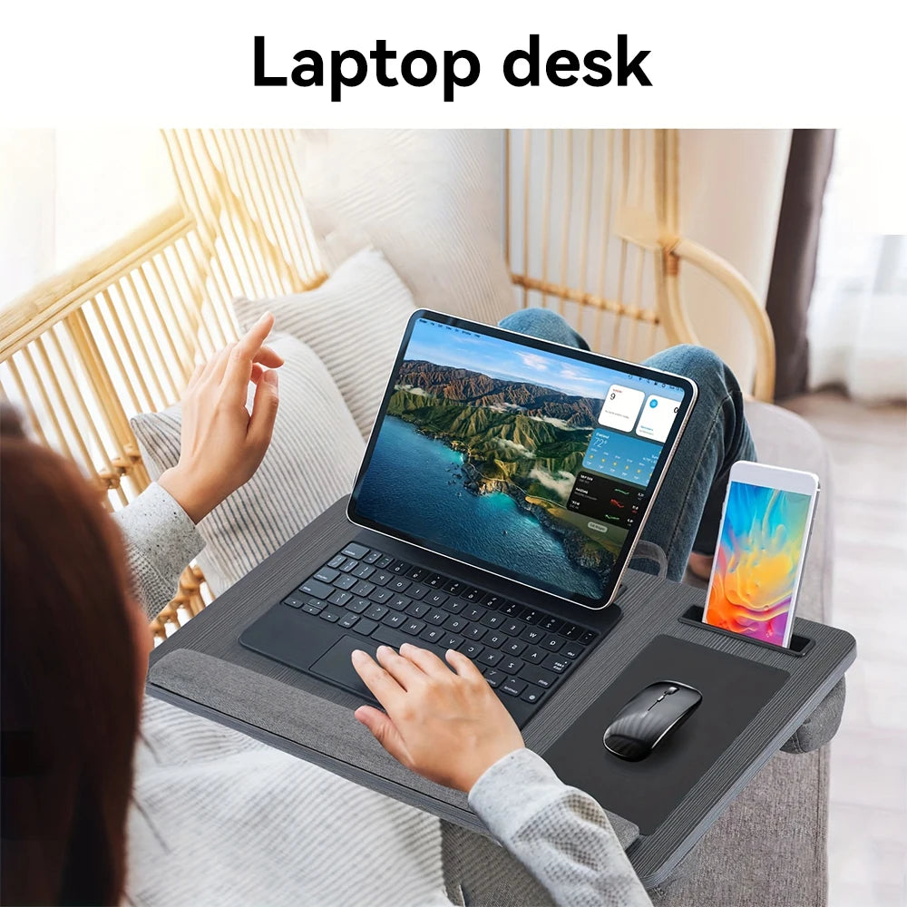 Portable Laptop Desk Multi-purpose Wooden Computer Studying Table With Handle Mouse Pad & Phone Holder For Home Office Travel