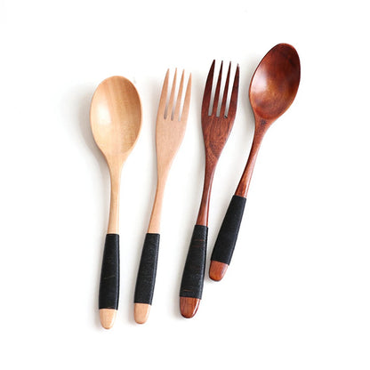 Natural Wooden Spoon & Fork Dinner Kit Rice Soups Utensil Cereal Handmade  Home Tableware Dinnerware Cutlery For Kicthen