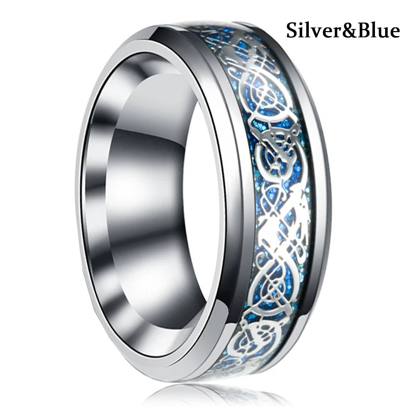 21 Colors 8mm Men's Stainless Steel Celtic Dragon Ring Inlay Red Green Black Carbon Fiber Ring Wedding Band Jewelry Size 6-13