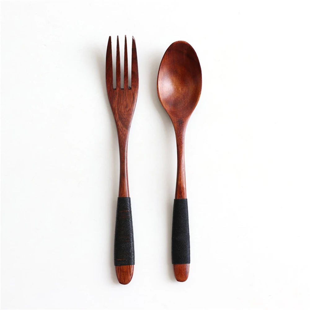 Natural Wooden Spoon & Fork Dinner Kit Rice Soups Utensil Cereal Handmade  Home Tableware Dinnerware Cutlery For Kicthen