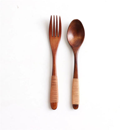Natural Wooden Spoon & Fork Dinner Kit Rice Soups Utensil Cereal Handmade  Home Tableware Dinnerware Cutlery For Kicthen
