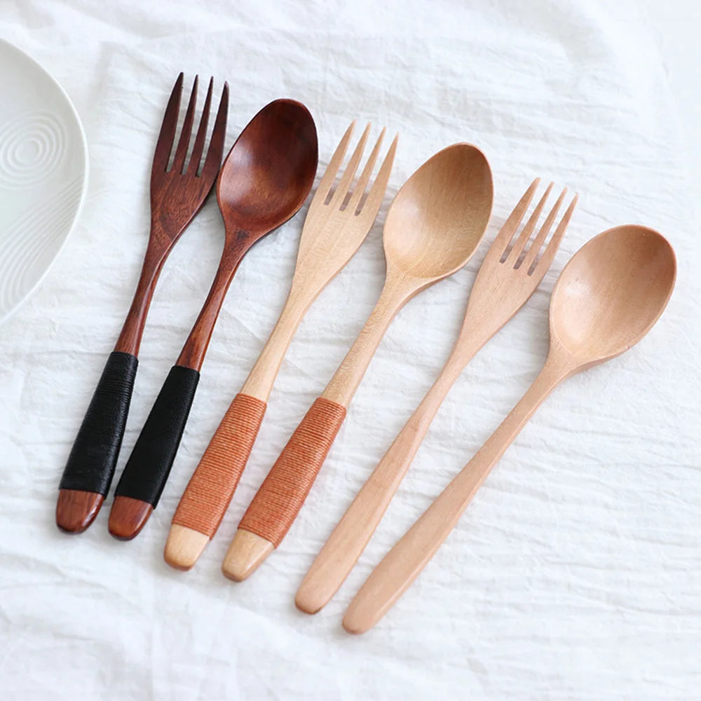 Natural Wooden Spoon & Fork Dinner Kit Rice Soups Utensil Cereal Handmade  Home Tableware Dinnerware Cutlery For Kicthen