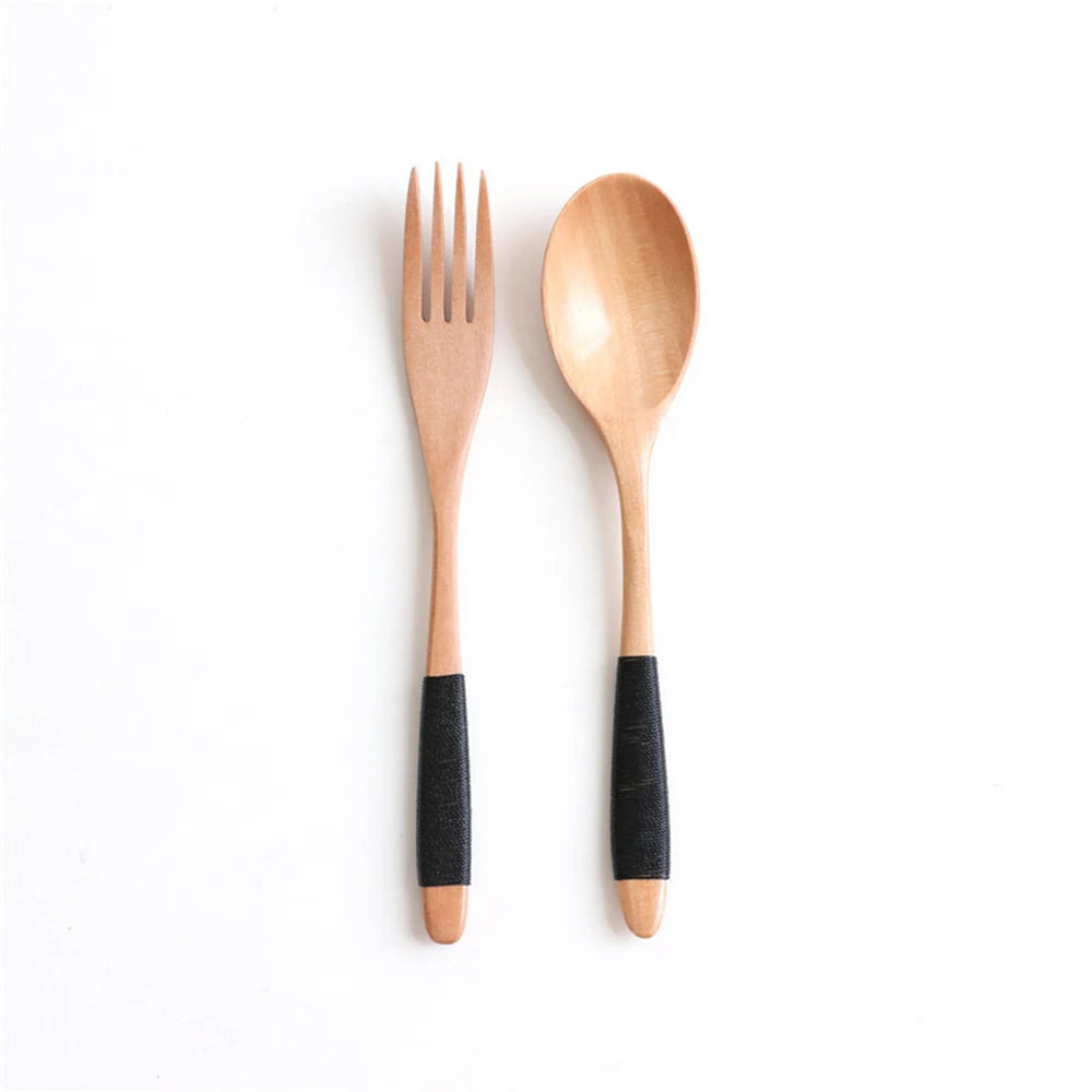 Natural Wooden Spoon & Fork Dinner Kit Rice Soups Utensil Cereal Handmade  Home Tableware Dinnerware Cutlery For Kicthen