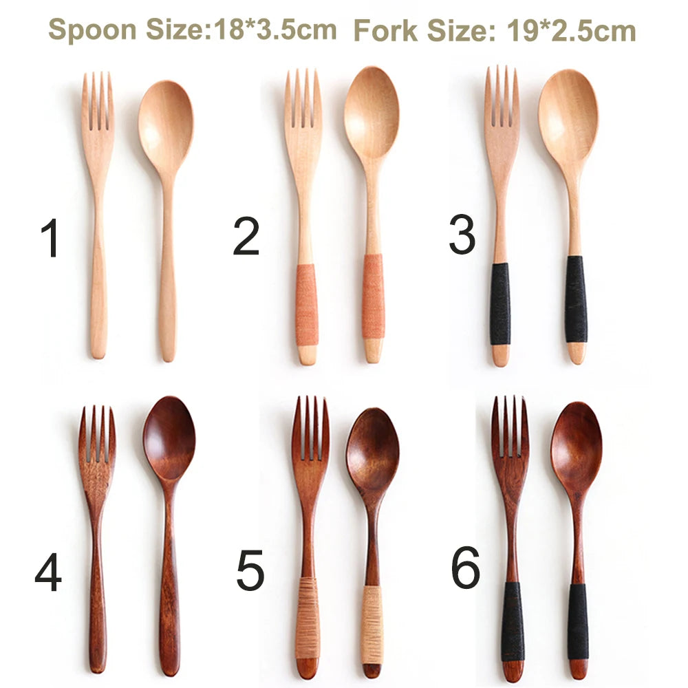Natural Wooden Spoon & Fork Dinner Kit Rice Soups Utensil Cereal Handmade  Home Tableware Dinnerware Cutlery For Kicthen