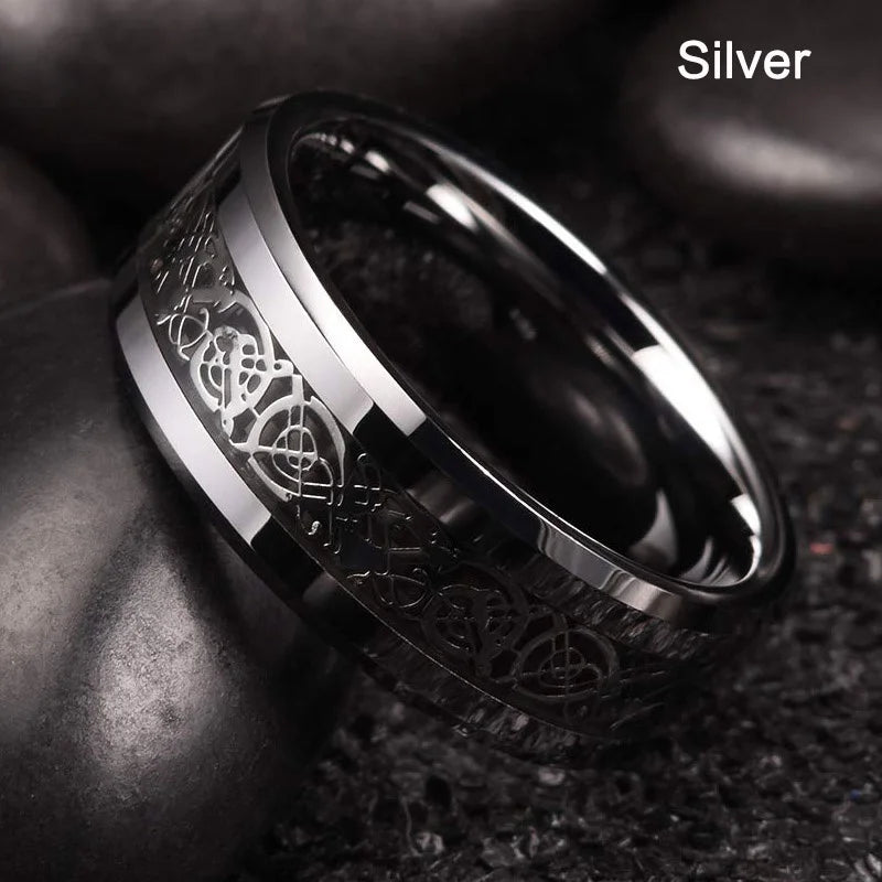 21 Colors 8mm Men's Stainless Steel Celtic Dragon Ring Inlay Red Green Black Carbon Fiber Ring Wedding Band Jewelry Size 6-13