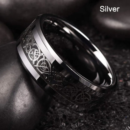 21 Colors 8mm Men's Stainless Steel Celtic Dragon Ring Inlay Red Green Black Carbon Fiber Ring Wedding Band Jewelry Size 6-13