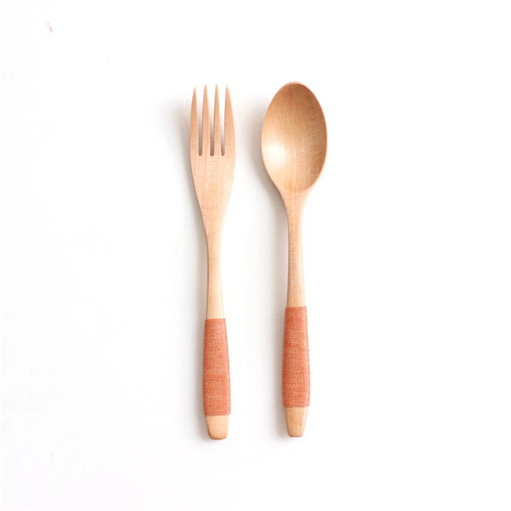 Natural Wooden Spoon & Fork Dinner Kit Rice Soups Utensil Cereal Handmade  Home Tableware Dinnerware Cutlery For Kicthen
