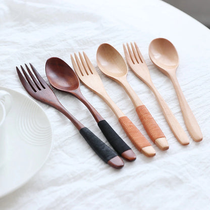 Natural Wooden Spoon & Fork Dinner Kit Rice Soups Utensil Cereal Handmade  Home Tableware Dinnerware Cutlery For Kicthen