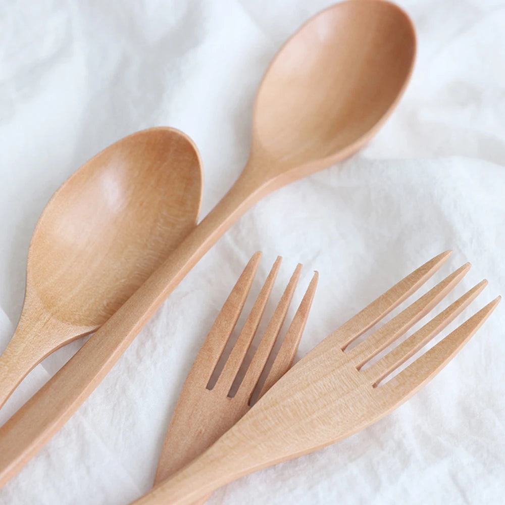 Natural Wooden Spoon & Fork Dinner Kit Rice Soups Utensil Cereal Handmade  Home Tableware Dinnerware Cutlery For Kicthen