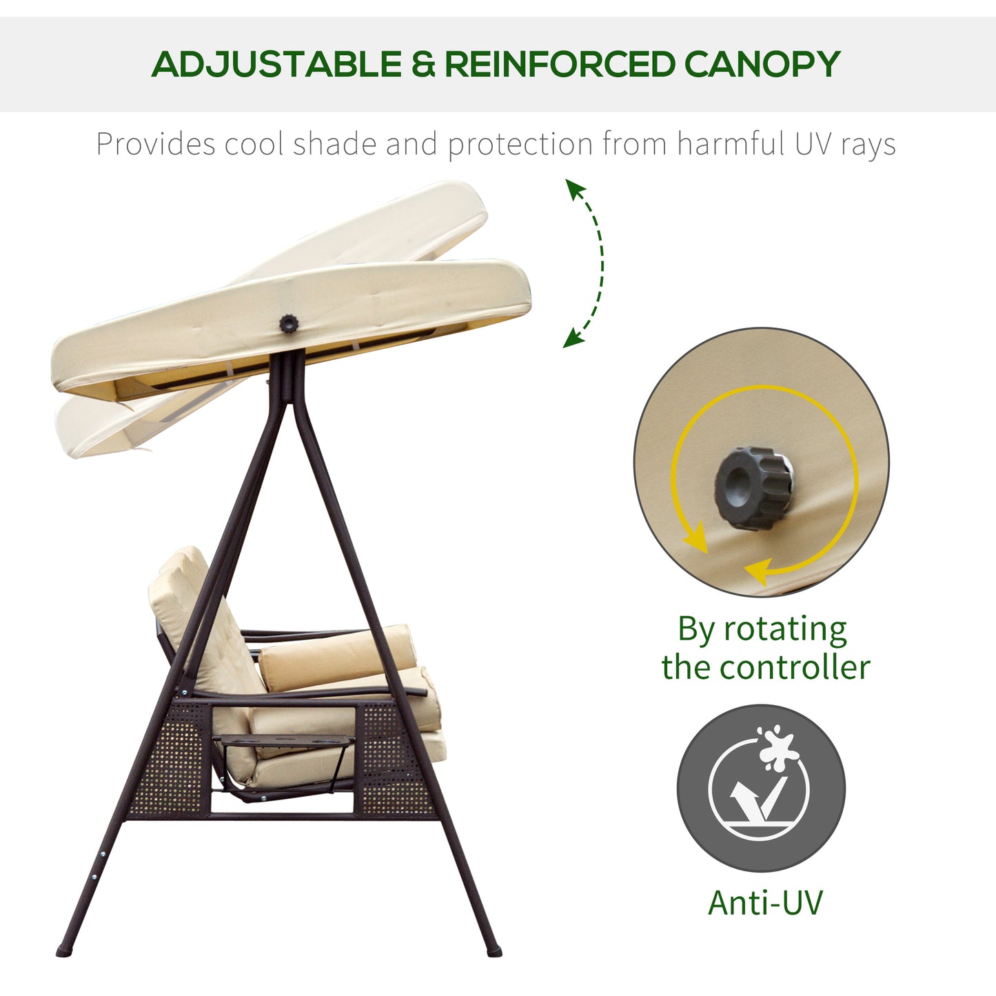 Outsunny 3 Seater Garden Swing Chair Outdoor Hammock Bench W/ Adjustable Canopy, Cushions and Cup Trays