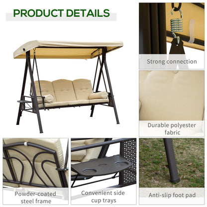Outsunny 3 Seater Garden Swing Chair Outdoor Hammock Bench W/ Adjustable Canopy, Cushions and Cup Trays