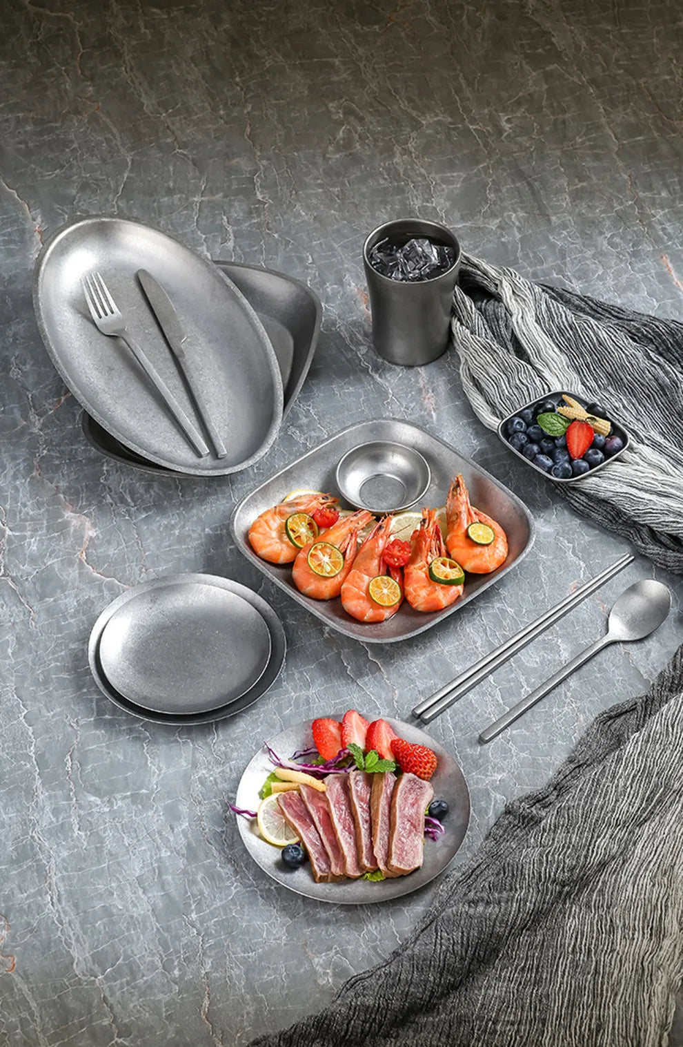 Retro Cutlery Set Plates Dinnerware Bowls Dining Plates Sauce Dish Fruit Bowl Double Wall Cup 304 Stainless Steel Cutlery