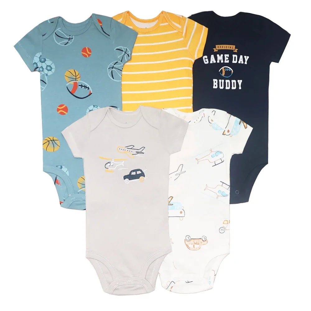 Summer Baby Clothes 5 Pack Cotton Short Sleeve Bodysuit Unisex Newborn Rompers Soft Breathable Infant Jumpsuit Clothing Set