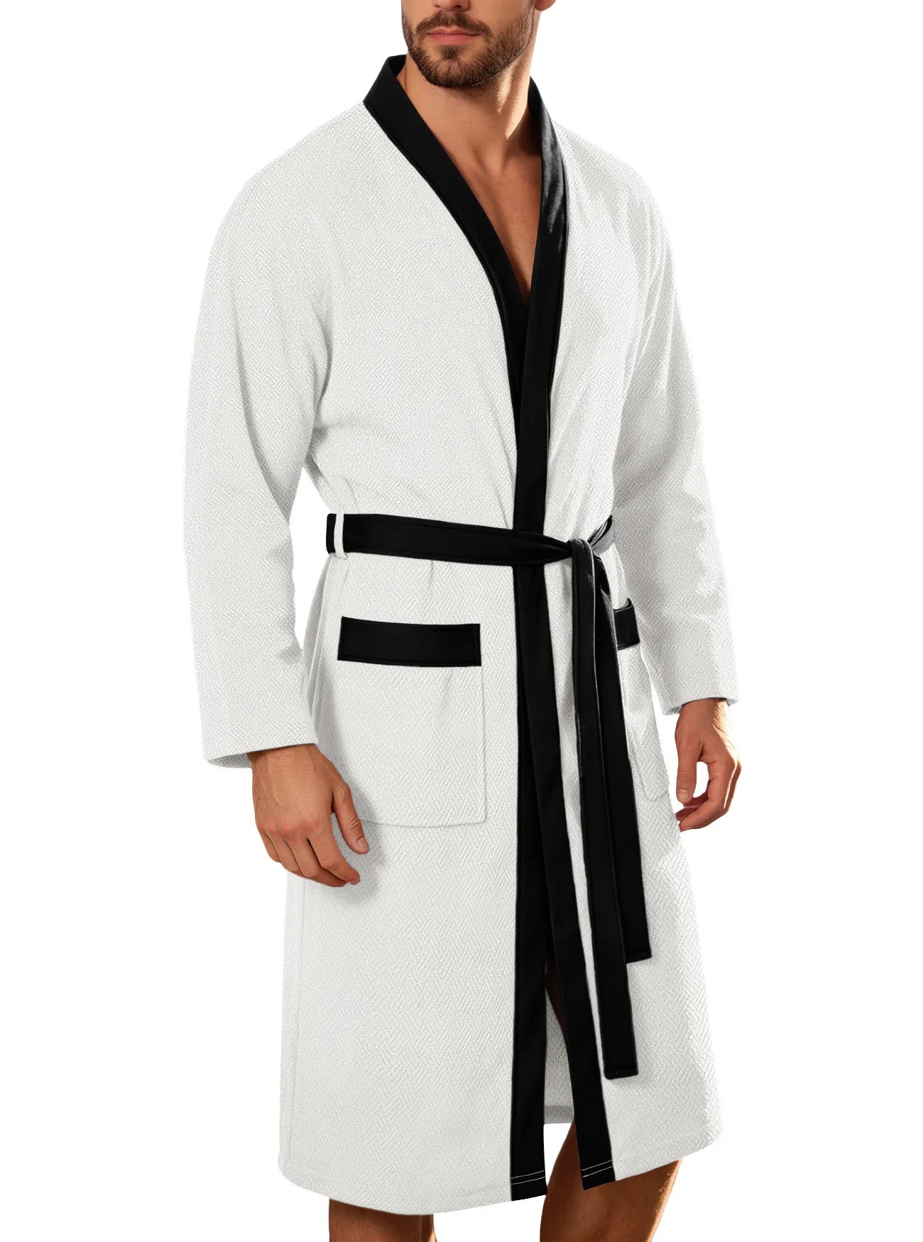 Men Terry Cloth Long Bathrobe Belted Design Double Pockets Casual Home Loungewear Loose Hotel Vacation Night Gown