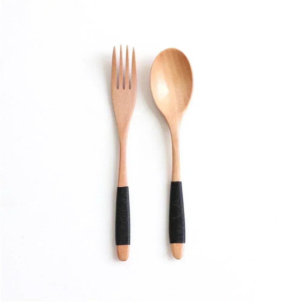 Natural Wooden Spoon & Fork Dinner Kit Rice Soups Utensil Cereal Handmade  Home Tableware Dinnerware Cutlery For Kicthen
