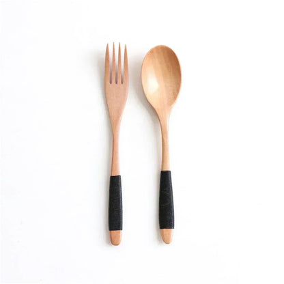 Natural Wooden Spoon & Fork Dinner Kit Rice Soups Utensil Cereal Handmade  Home Tableware Dinnerware Cutlery For Kicthen