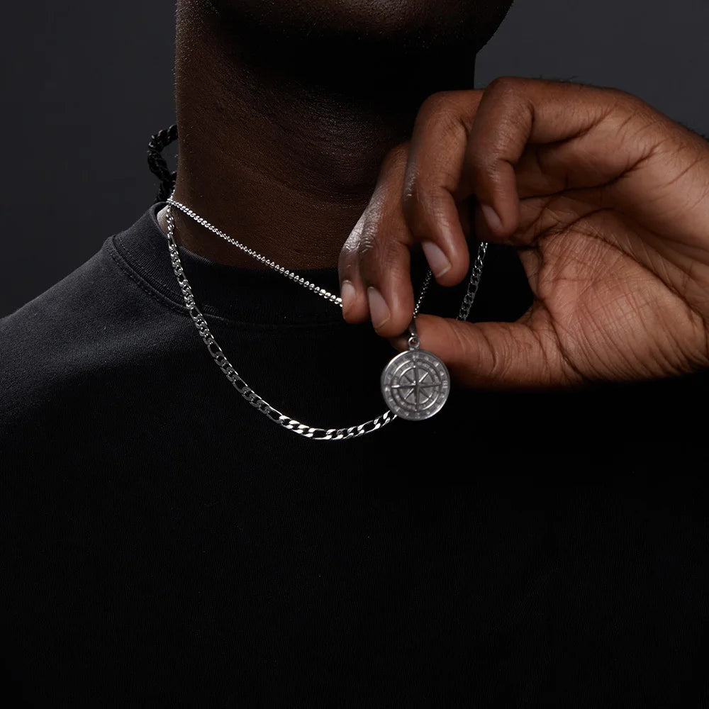 Vnox Compass Necklaces for Men, Layering Stacked Cuban Figaro Chain Necklaces, Casual Sailing Holiday Stainless Steel Boy Collar