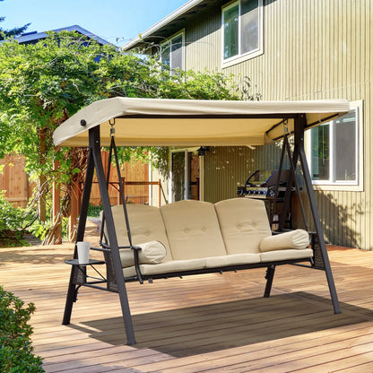 Outsunny 3 Seater Garden Swing Chair Outdoor Hammock Bench W/ Adjustable Canopy, Cushions and Cup Trays