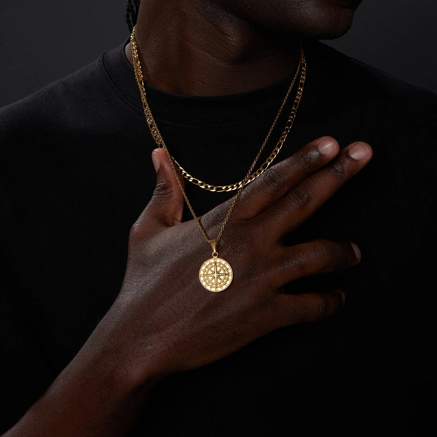 Vnox Compass Necklaces for Men, Layering Stacked Cuban Figaro Chain Necklaces, Casual Sailing Holiday Stainless Steel Boy Collar