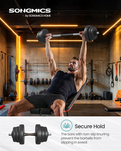 SONGMICS 2-in-1 Dumbbells Set, 2 x 10 kg Adjustable Dumbbells with Extra Barbell Bar, Plastic-Coated Weight Plates, Fitness Exer