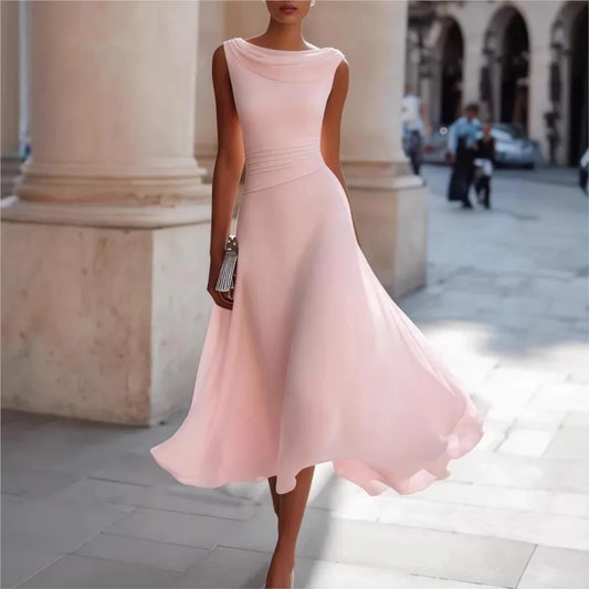 Elegant Solid Long Dresses Summer O-neck Sleeveless High Waist Swing Casual Dresses Office Dress Office Lady Chiffon Slim Dress