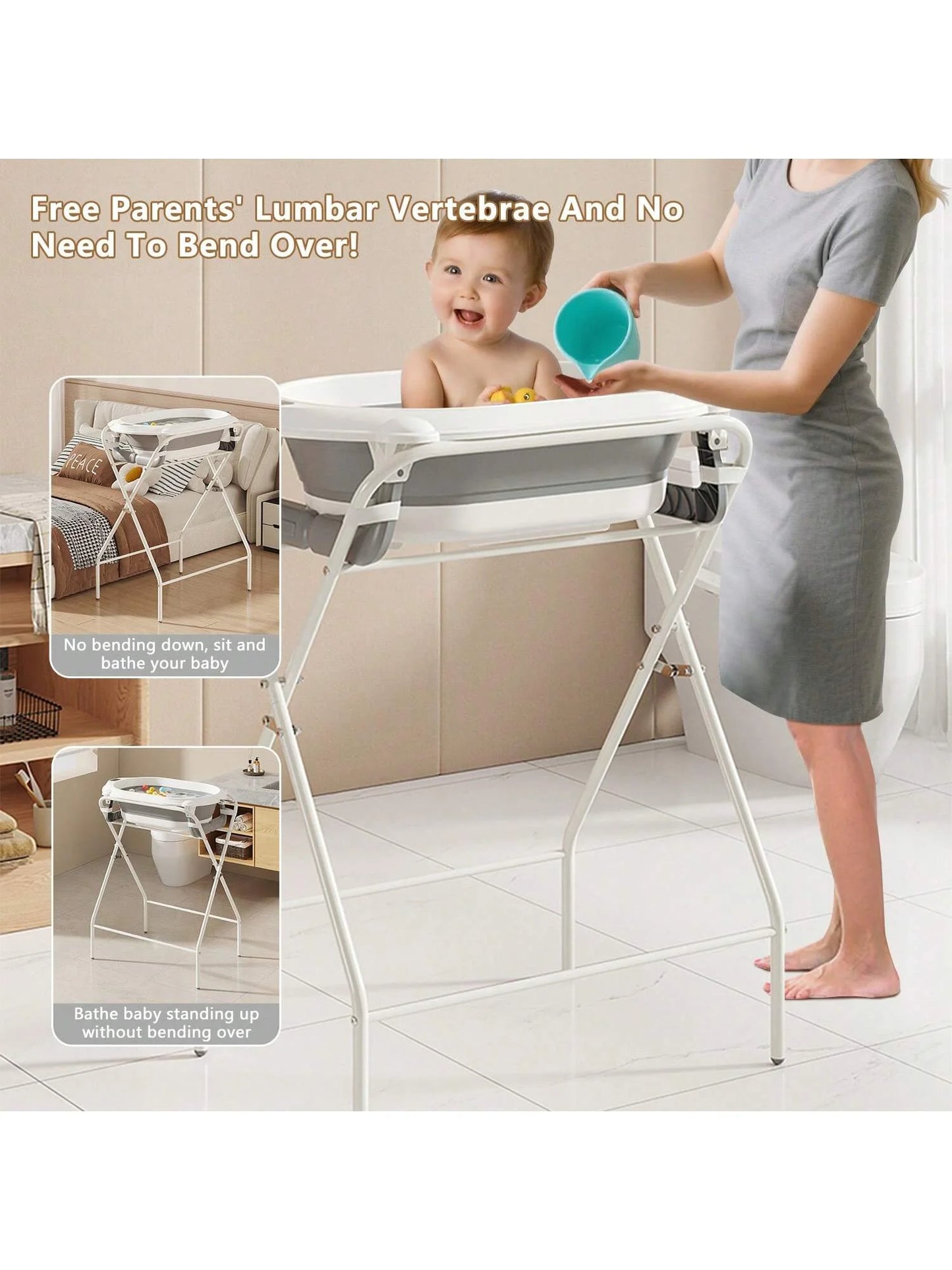 Foldable Baby Bath Tub with Stand, Portable Infant Bathtub with Built-in Thermometer, Soft Ergonomic Cushion & Bath Pillow, Sturdy Durable Toddler Bath Tub, Space Saving Easy to Store for Newborn Baby Home Use