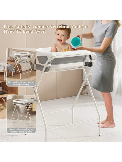 Foldable Baby Bath Tub with Stand, Portable Infant Bathtub with Built-in Thermometer, Soft Ergonomic Cushion & Bath Pillow, Sturdy Durable Toddler Bath Tub, Space Saving Easy to Store for Newborn Baby Home Use