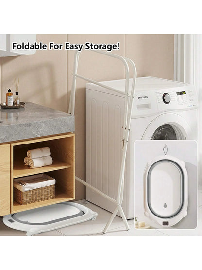 Foldable Baby Bath Tub with Stand, Portable Infant Bathtub with Built-in Thermometer, Soft Ergonomic Cushion & Bath Pillow, Sturdy Durable Toddler Bath Tub, Space Saving Easy to Store for Newborn Baby Home Use