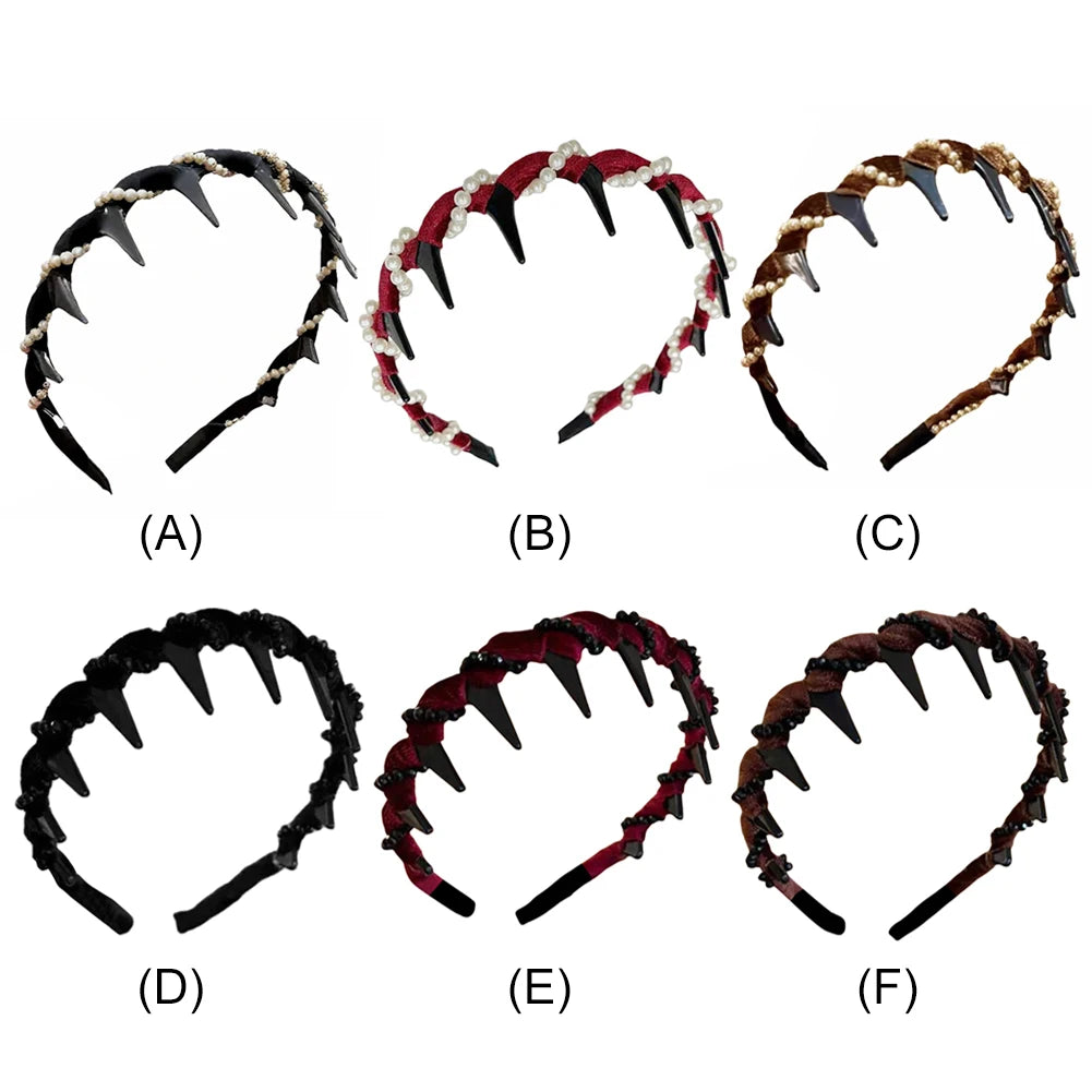 Vintage Velvet Pearl Wave Top Hairband Anti-Slip Toothed Hairband For Women Girls Fashion Sweet Hair Accessories Scrunchies Hoop