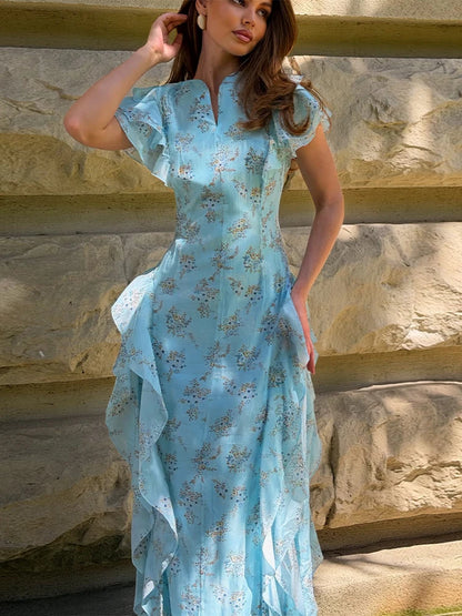 Fashion Women's Printed Ruffled Dress Elegant Short Sleeve Female V Neck Maxi Dresses 2026 Summer New Lady Vestidos High Street