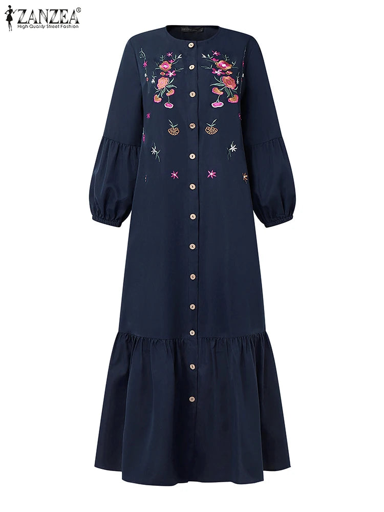 ZANZEA Fashion Women Long Lantern Sleeve Muslim Abaya Sundress Embroidery Maxi Dresses IsIamic Robe Kaftan Buttons Vestidos 2025