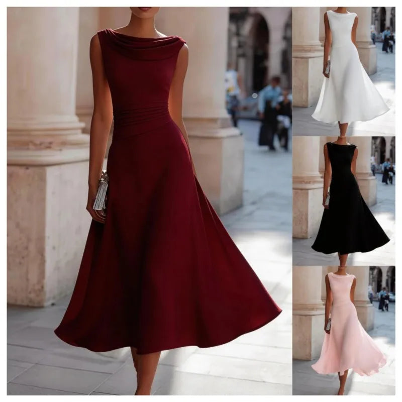Elegant Solid Long Dresses Summer O-neck Sleeveless High Waist Swing Casual Dresses Office Dress Office Lady Chiffon Slim Dress