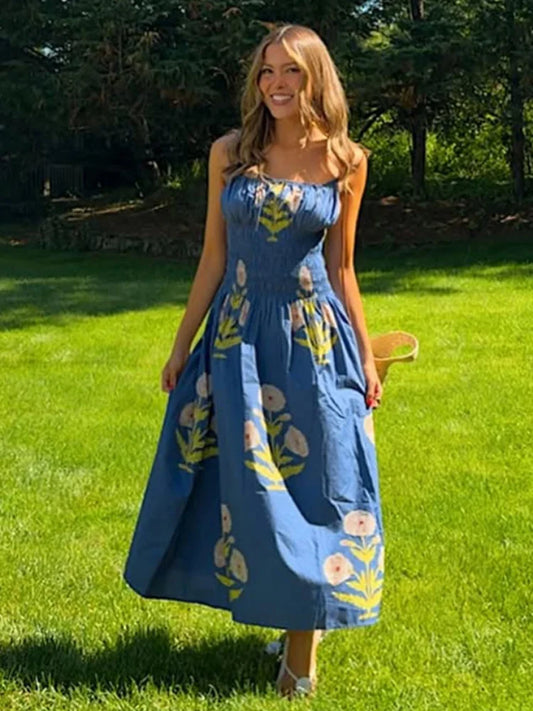 Women Dress Floral Print Spaghetti Strap Elastic Waist Midi Dresses Square Neck Front Tie Flowy A-Line Dress Elegant Beach Wear