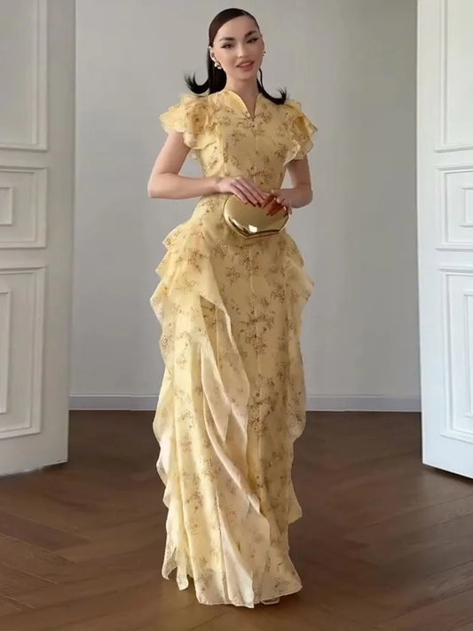 Fashion Women's Printed Ruffled Dress Elegant Short Sleeve Female V Neck Maxi Dresses 2026 Summer New Lady Vestidos High Street