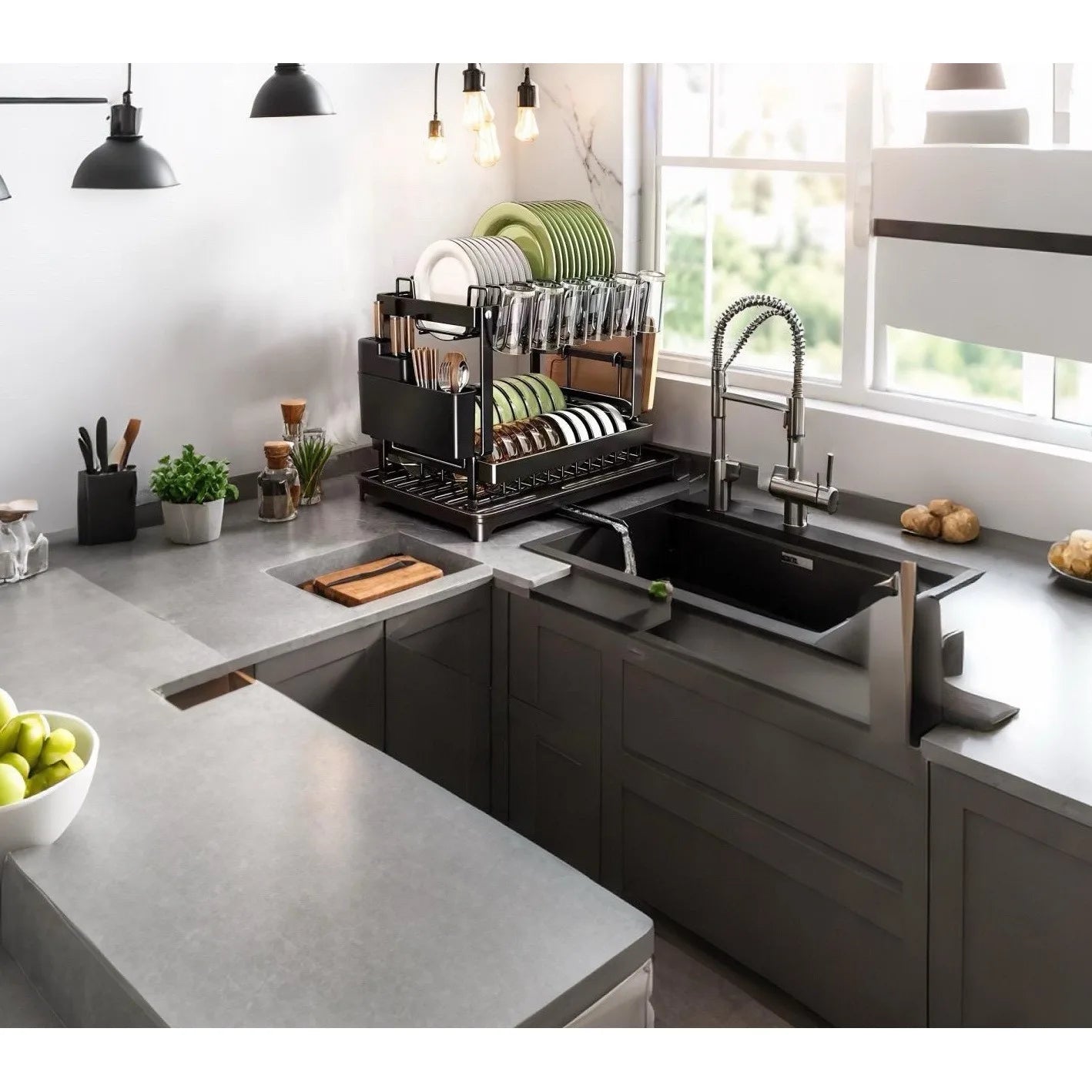 Heavy-Duty Plastic Sink Base with Drain Board - Clog-Resistant Drain System & Dish Drying Rack, Under-Sink Storage Organizer