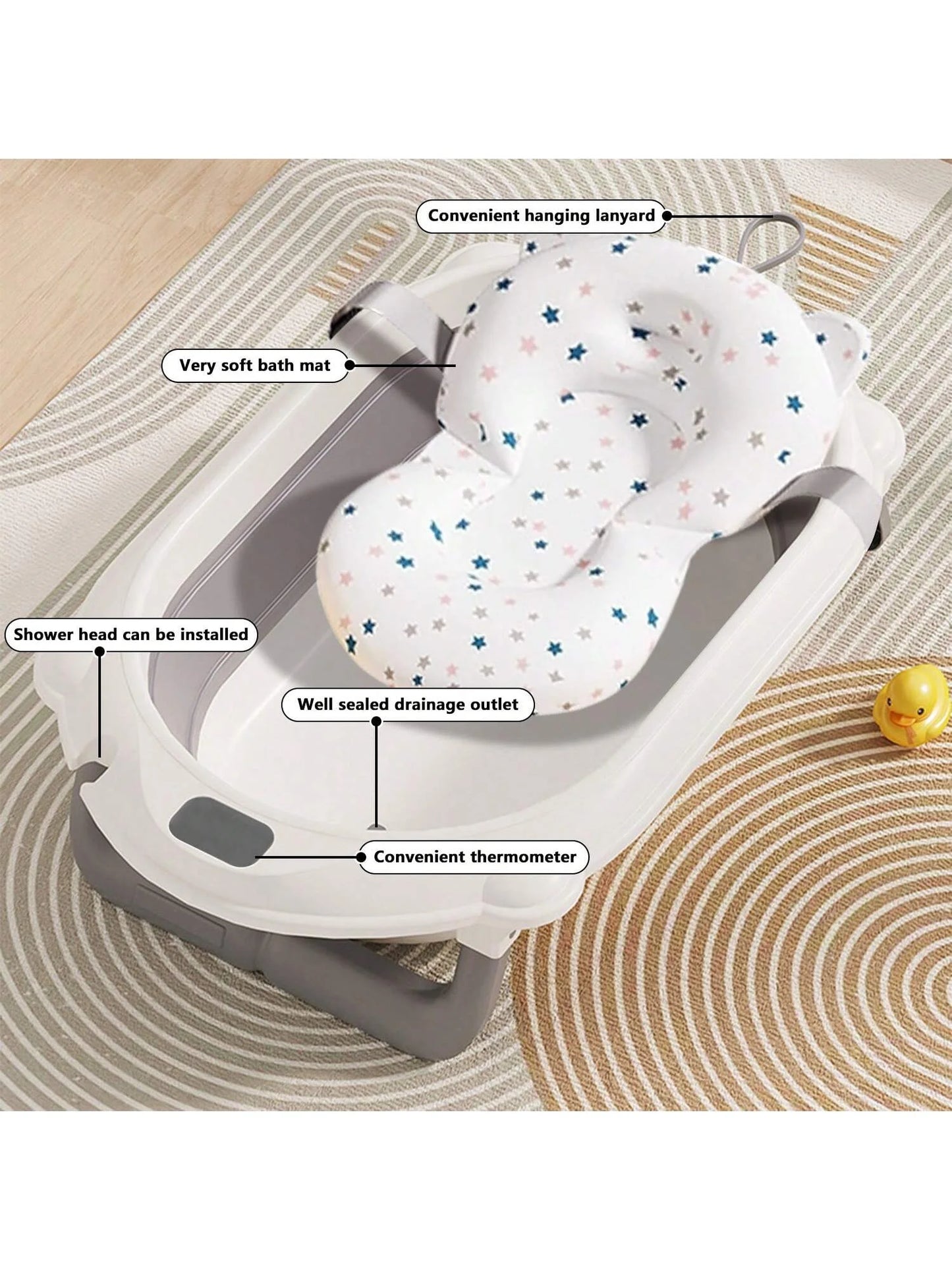 Foldable Baby Bath Tub with Stand, Portable Infant Bathtub with Built-in Thermometer, Soft Ergonomic Cushion & Bath Pillow, Sturdy Durable Toddler Bath Tub, Space Saving Easy to Store for Newborn Baby Home Use