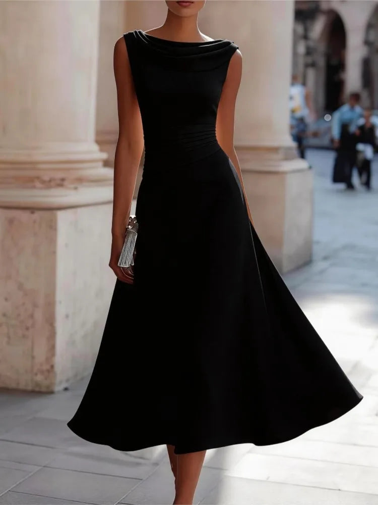 Elegant Solid Long Dresses Summer O-neck Sleeveless High Waist Swing Casual Dresses Office Dress Office Lady Chiffon Slim Dress