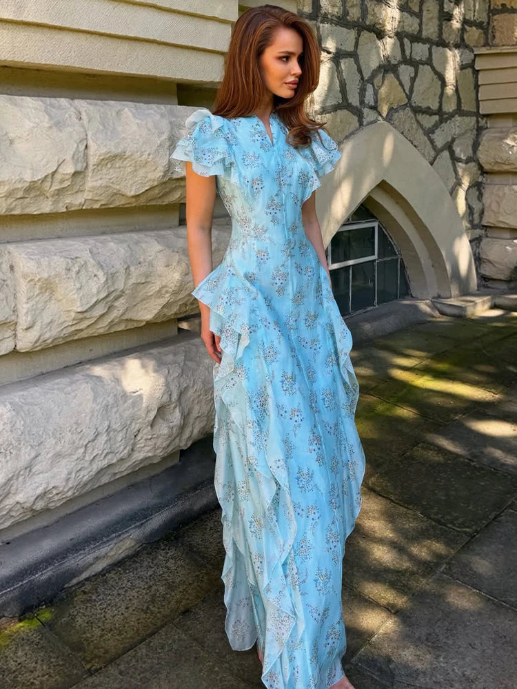 Fashion Women's Printed Ruffled Dress Elegant Short Sleeve Female V Neck Maxi Dresses 2026 Summer New Lady Vestidos High Street