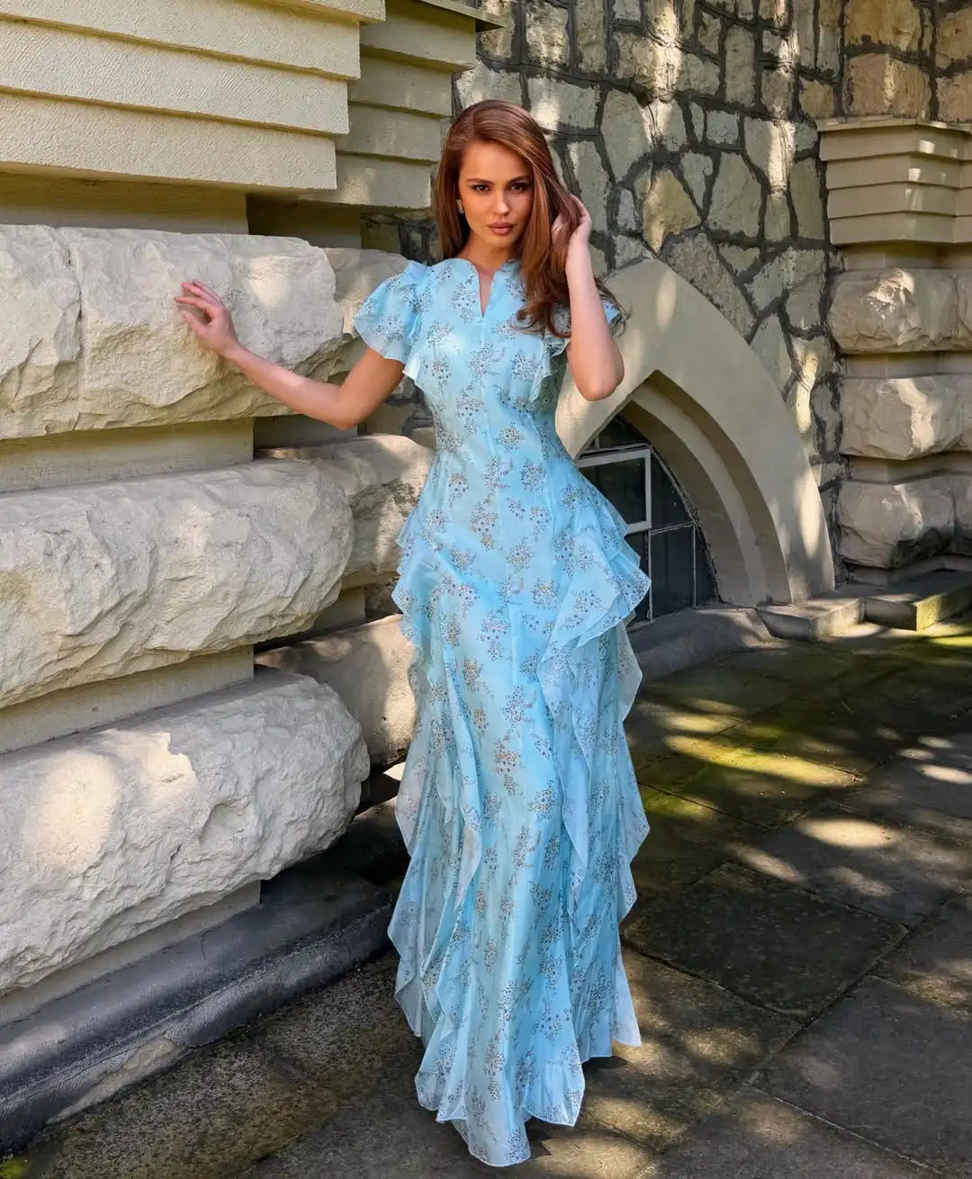 Fashion Women's Printed Ruffled Dress Elegant Short Sleeve Female V Neck Maxi Dresses 2026 Summer New Lady Vestidos High Street