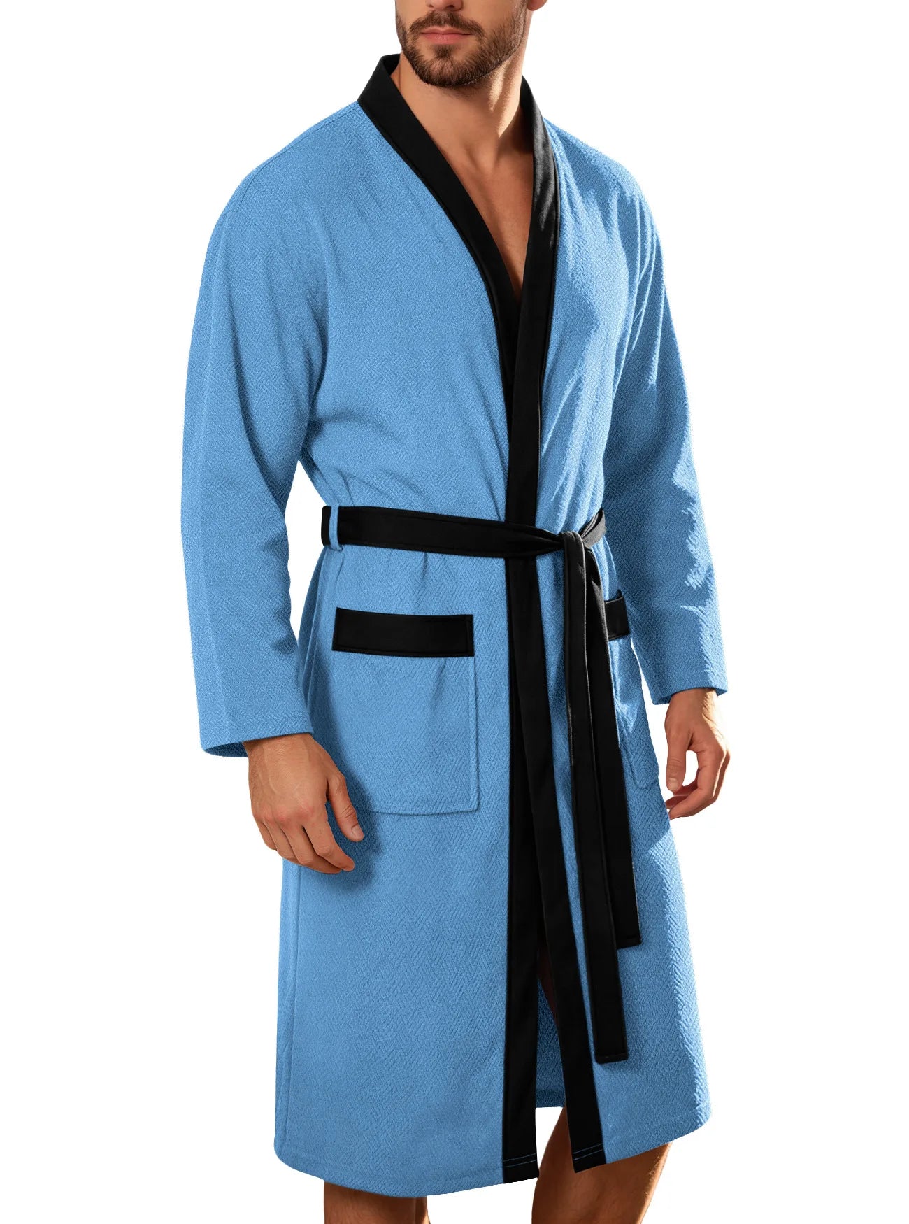 Men Terry Cloth Long Bathrobe Belted Design Double Pockets Casual Home Loungewear Loose Hotel Vacation Night Gown