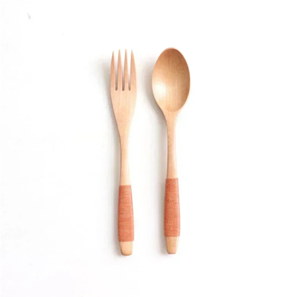 Natural Wooden Spoon & Fork Dinner Kit Rice Soups Utensil Cereal Handmade  Home Tableware Dinnerware Cutlery For Kicthen