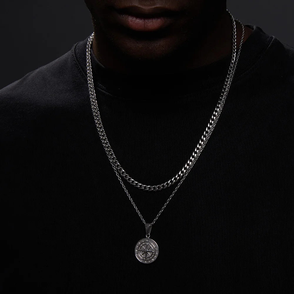 Vnox Compass Necklaces for Men, Layering Stacked Cuban Figaro Chain Necklaces, Casual Sailing Holiday Stainless Steel Boy Collar
